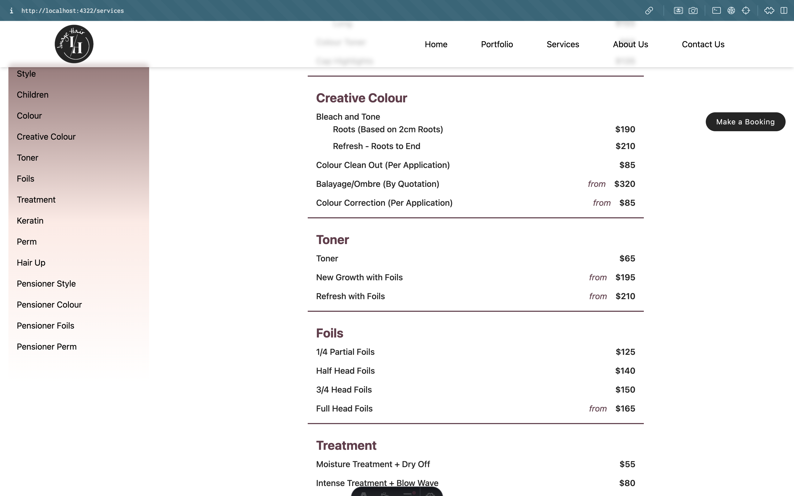 image of services from hair salon website