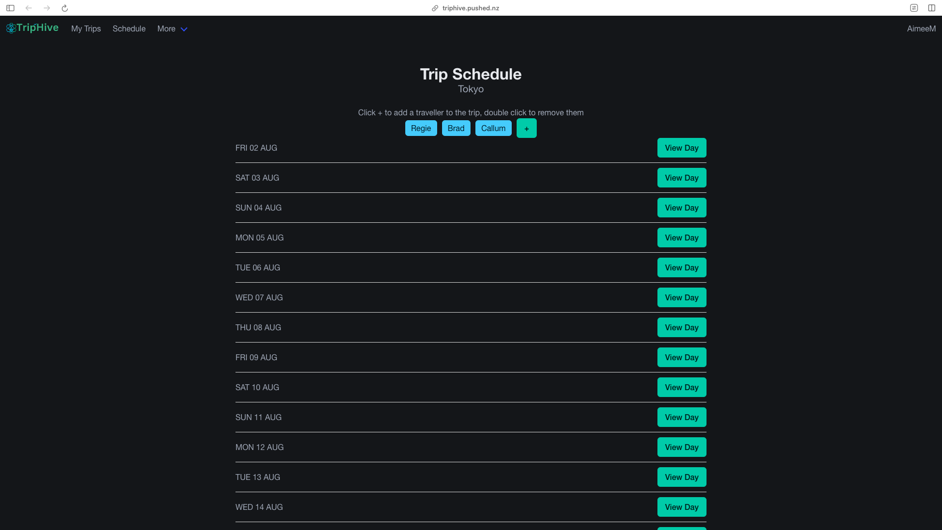 image of schedule from Triphive website